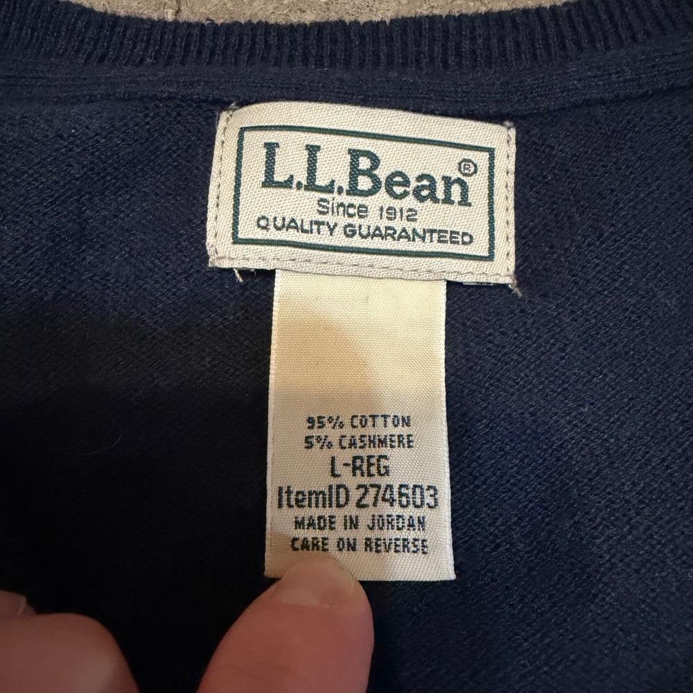 LL Bean Sweater Men L Navy Blue Cotton Cashmere V-Neck Knit 274603 - Picture 4 of 7